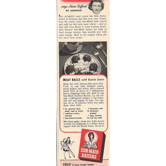 Sun-Maid Raisins Meat Extender Vintage Print Ad 1943 Fresno California u - Picture 1 of 9